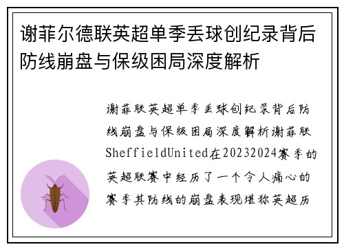 谢菲尔德联英超单季丢球创纪录背后防线崩盘与保级困局深度解析