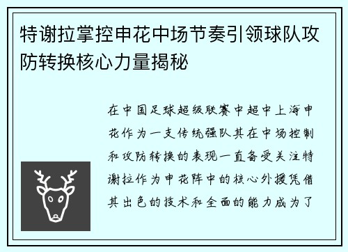 特谢拉掌控申花中场节奏引领球队攻防转换核心力量揭秘